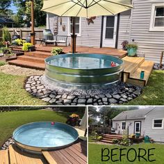 before and after pictures of an above ground swimming pool with decking, patio furniture and umbrella