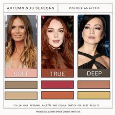 Autumn Sub Seasons: —  🍂 In color analysis, the Autumn season is characterized by rich, warm, and earthy tones that enhance natural beauty.   There are three Autumn sub-seasons:  Soft Autumn, True Autumn, and Deep Autumn.   Soft Autumn features muted, gentle hues like dusty rose and sage.   True Autumn boasts vibrant, warm shades such as pumpkin and mustard.   Deep Autumn includes darker, more intense colours like deep olive and chocolate brown.   @imageconsultantmaidenhead True Autumn Hair, True Autumn Hair Color, Deep Autumn Hair Color, Autumn Hair Color, Natural Outfits