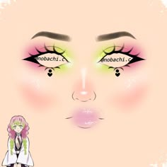 Makeup Ideas Drawing Base, Demon Slayer Mitsuri Makeup, Anime Eyeshadow Looks, Mitsuri Eye Makeup, Mitsuri Kanroji Inspired Outfit, Mitsuri Inspired Makeup, Demon Slayer Eye Makeup, Mitsuri Nail Art, Mitsuri Makeup Look