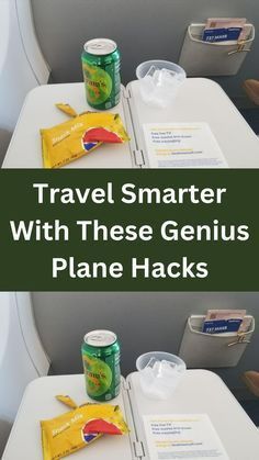 an airplane seat with some snacks and drinks on the trays next to it that says, travel smarter with these genius plane hacks