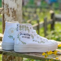 ❤️ Custom Embroidered Converse Shoes - Personalized Floral Wedding Sneakers Discover the perfect blend of style and personalization with our custom embroidered Converse shoes. Handcrafted with intricate floral designs, these unique sneakers can be personalized with your name and wedding date, making them an ideal choice for brides, grooms, and anyone looking to add a special touch to their wedding attire. Enjoy the comfort of classic Converse with a bespoke twist. Perfect for weddings, anniversaries, and special occasions. Order your personalized floral wedding sneakers today and step into a world of elegance and individuality! 📌 Customization: Please provide the names and wedding date you would like embroidered. Processing Time: Each pair is made to order, so please allow 1-2 weeks for p Wedding Converse Shoes Bride And Groom, Wildflower Wedding Shoes, Embroidered Wedding Sneakers, Wedding Converse Bride And Groom, Wedding Chucks Converse, White Vans Wedding, Wedding Converse Bride, Wedding Sneakers For Bride, Bride Converse