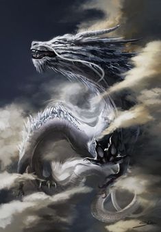 a white dragon flying through the clouds