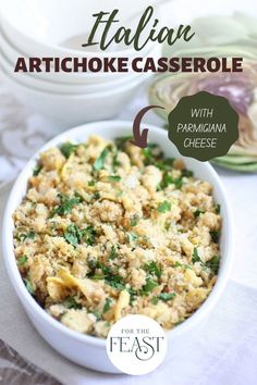 the cover of italian artichoke casserole with parmesan cheese in a white bowl