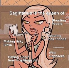 an image of a cartoon character with captions about her roles in the show, sagitritius is the queen of emosting people