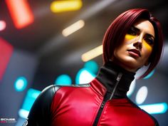 a woman with red hair and yellow eyes is dressed in a futuristic outfit for the movie x - men days of future past