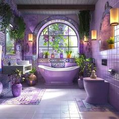 the bathroom is decorated in purple and has an oval window over the bathtub with potted plants on it