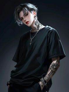 a woman with tattoos and piercings standing in front of a black background wearing a black shirt