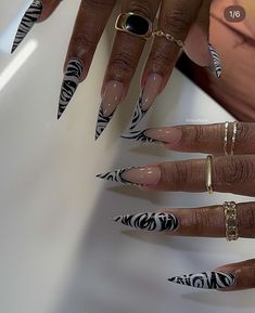 Black Nails Acrylic Stilettos, Stilleto Nails Long Designs, Curved Stiletto Nails, Black And White Stiletto Nails, Acrylic Nails Stiletto, Zebra Nails, Curved Nails, Long Acrylic Nail Designs