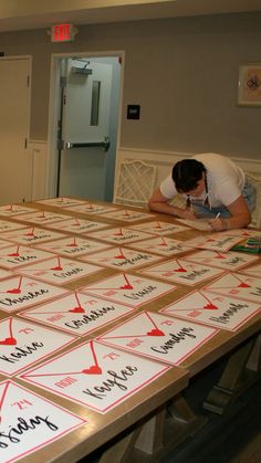 a man sitting on top of a table covered in lots of signs with arrows pointing to different locations