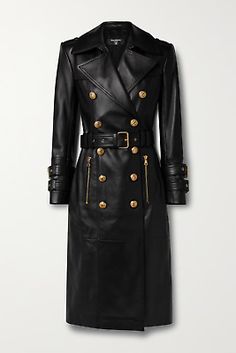 High Fashion Trench Coat, Black Leather Outerwear, Professor Wardrobe, Styling Coats, Trent Coat, Balmain Coat, Long Black Trench Coat, Black Leather Trench Coat, Balmain Clothing