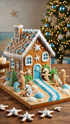 a gingerbread house decorated with blue icing and decorations on a table next to a christmas tree