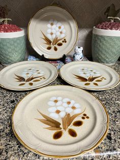 four plates with flowers painted on them sitting on a counter