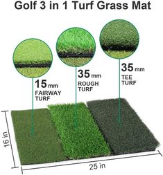 three different types of artificial turf laid out on top of each other, with the measurements for