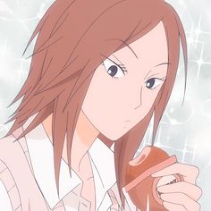 an anime character with long hair holding a cup and looking at the camera while wearing a white shirt