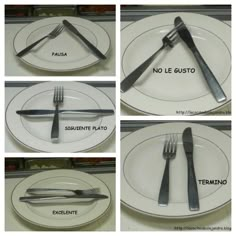 there are four different types of forks and spoons on the plates with words in spanish