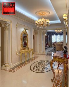 an elegant living room with chandelier and marble flooring is pictured in this image