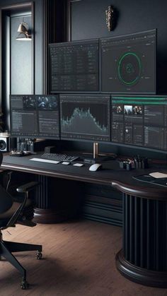 an office desk with multiple monitors on it