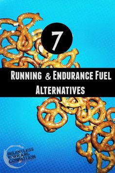 the cover of running and endurance fuel alternatives, featuring gold pretzels on a blue background