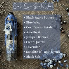 Evil Eye Protection Spell Jar - Nazar Spell Bottle with Amethyst, Sodalite, and Black Agate Ward off negativity and safeguard your space with Moondust & Raven's "Evil Eye Protection Spell Jar." This potent Nazar spell bottle is a protective blend of black salt, amethyst chips, lavender, juniper berries, sodalite chips, and lapis lazuli chips. Crowned with a mesmerizing black agate mini sphere, adorned with a hamsa nazar charm, and sealed with a serene blue wax, this spell jar stands approximatel Protection Spell Jar, Wicca Recipes, Wiccan Crafts, Witch Rituals, Jar Spells, Witch Bottles, Magic Crafts, Protection Spell, Witch Spirituality