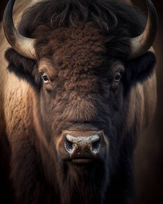 a bison with large horns standing in front of a dark background