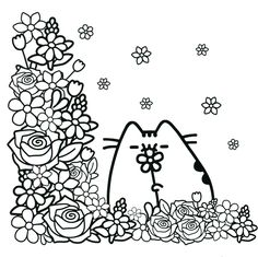 a black and white drawing of a cat with flowers