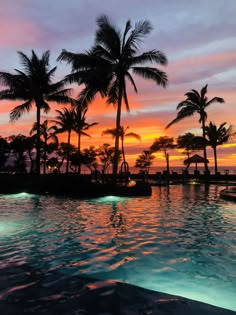 the sun is setting behind some palm trees near a swimming pool with lights in it