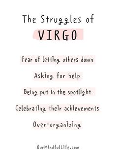 the struggles of virgo quote on white background with pink and black text that reads,