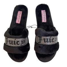 Juicy Couture Women’s Gravity2 Slide Slippers Size Xl (9-10) Inside Footbed Measures 11” Rhinestones With Words “Juicy” Beautiful Black With Silver Rhinestones New With Tags Immediate Shipping. Pet & Smoke Free Environment 0660 E Bin 61 Fuzzy Sandals, Juicy Couture Necklace, Black Winter Boots, Juicy Couture Shoes, Classic Slippers, Pink Slippers, Open Toe Slippers, Black Slippers