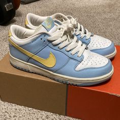 Womens Size 8 Mens 6.5 In Ice Blue, Maize And White. I Got Them In ‘04 When I Was In Middle School, Back When Everyone Always Had Multiple Pairs Of Af1s, Dunks, And Js In Rotation. I Was Never Very Into The Color Way So These Were Worn Fewer Than 5 Times- Some Creasing In The Toebox To Show For It. The Yellowing Outsole Is Just Natural Patina After Almost 20 Years. This Is The Original Box As Well- You Can See The White Outlet Sticker. Pm Isn’t Really The Best Place But Putting Them Out There To See If A Collector Will Appreciate Them More Than I Have Letting Them Sit In My Closet. Guess These Are Considered Vintage At This Point. Womens Nike Dunk, Womens Nike, Maize, Nike Dunk Low, Dunk Low, Nike Dunk, Nike Dunks, Ice Blue, Womens Shoes Sneakers