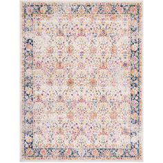 an area rug with various colors and designs on the carpet, including blue, pink, orange