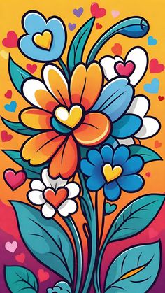 a painting of flowers and hearts on a yellow background