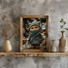 a cat in a coat and hat sitting on a shelf next to some vases