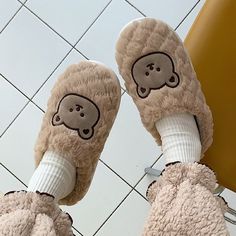 Women's Cute Bear Slippers Soft Plush Flat Shoes with Non-Slip Bottom for Winter Home Wear - White 1,40-41 Cozy Beige Slip-on Slippers, Casual Closed Toe Slippers With Plush Lining, Casual Slip-on Slippers With Plush Lining, Casual Slippers With Plush Lining For Indoor Use, Casual Plush-lined Slippers For Indoor Use, Casual Indoor Slippers With Plush Lining, Warm Comfy Slippers With Round Toe, Comfortable Winter Platform Slippers, Winter Plush Lined Slip-on Slippers