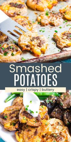 smashed potatoes on a white plate with a fork in it and the title overlay reads smashed potatoes easy crispy i buttery