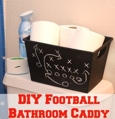 bathroom caddy with chalkboard football design and toilet paper