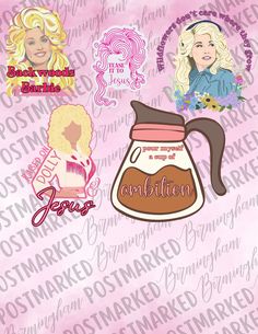 the golden girls stickers are shown on a pink background with white lettering and two blondes