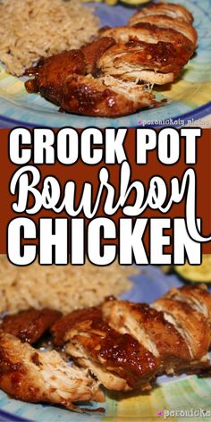 crock pot bourbon chicken on a plate with rice