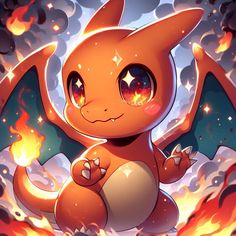 an illustration of a cute little pokemon sitting on fire