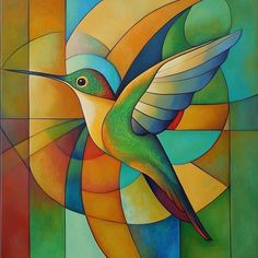 a painting of a hummingbird flying in front of a colorful sunburst background