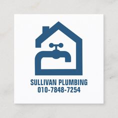 a blue and white business card with the words sullivan plumbing on it's front