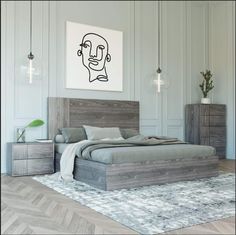 Nova Domus Asus - Italian Modern Elm Grey Bed | Modishstore | Beds Gray Nightstand, Grey Bed, Eastern King Bed, White Washed Oak, Modern Platform Bed, Simple Bed, 2 Drawer Nightstand, Panel Headboard, Adjustable Beds