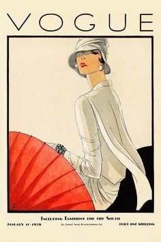 an illustration of a woman in a white dress and hat holding a red parasol