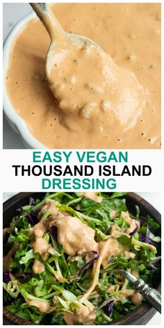 two pictures with different types of salads and dressing on them, one is in a bowl