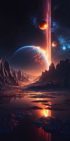 an alien landscape with mountains and planets in the background, as seen from another planet