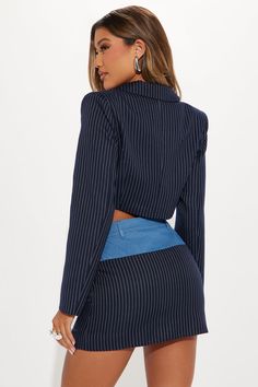 Available In Navy/combo. Pinstripe Skirt Set Collar Cropped Blazer Shoulder Pads Single Breasted Contrats Trim On Top And Bottoms Mini Skirt Button And Zipper Closure Faux Pockets Non Stretch 15.5" Length Shell 1: 98% Polyester 2% Spandex Shell 2: 85% Cotton 13% Polyester 2% Spandex Lining: 100% Polyester Imported | Unavailable At The Moment Skirt Set in Navy Blue size XS by Fashion Nova Pinstripe Skirt, Free Dresses, Cropped Blazer, Matching Dresses, Shoulder Pads, Single Breasted, Fashion Nova, Skirt Set, Jumpsuit Romper