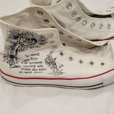 - Great Condition Comes With Shoe Laces - Signed By Artist Inside - Size 11 Men's 13 Women's Alice In Wonderland Converse, Decorated Converse Sharpie, Painted Converse Ideas, Hand Painted Converse, Converse Ideas, Converse Hightops, Painted Converse, Custom Shoes Diy, How To Disappear