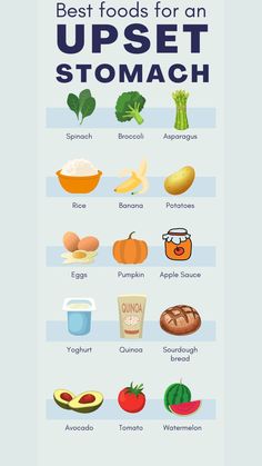 the best foods for an upset stomach info graphic on blue background with text that reads