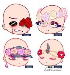 four different facial expressions with flowers on their foreheads and the same expression in each face