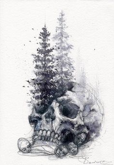 a drawing of a skull next to a pine tree