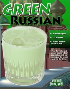 a green russian drink with ice in it